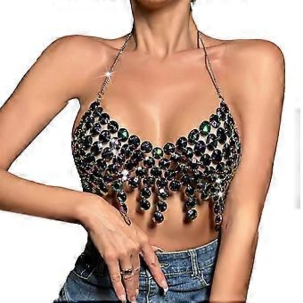 Bohemian Crystal Body Chain Kimaltelevat strassit Bikini Rintaketjut Rintaliivit Yökerho Vartalokorut Naisten Musta
