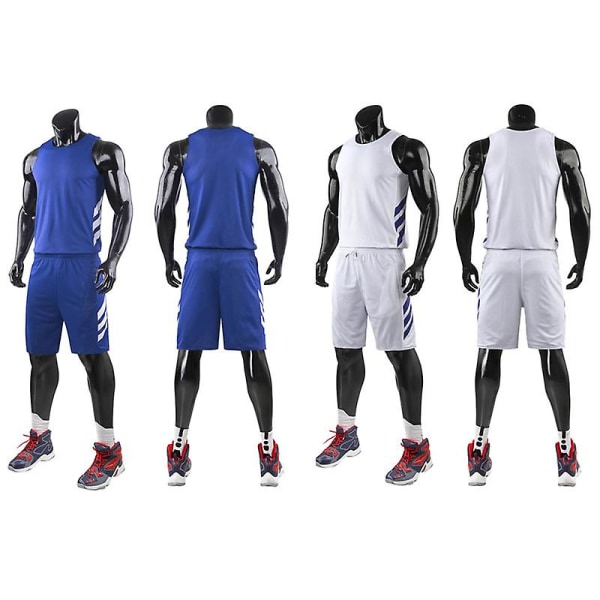 Dobbeltkledd basketballtrøye dress herre gutter treningsdrakt blå hvit (XS)