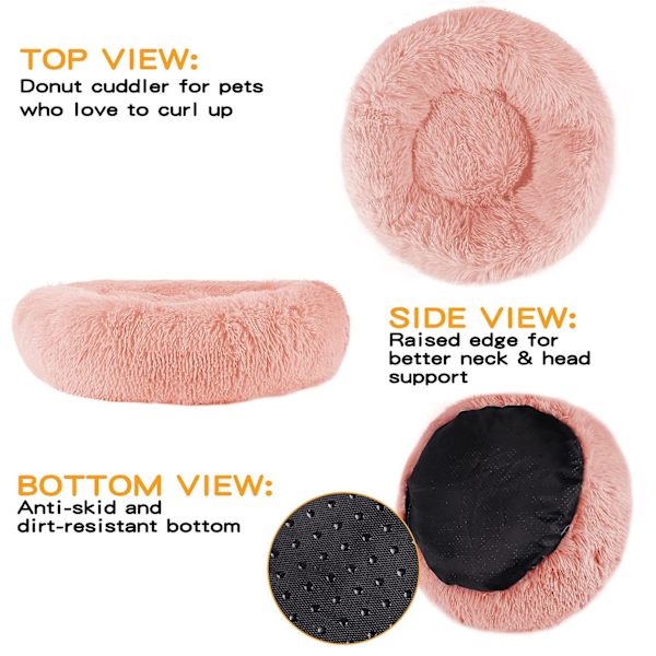 Mjuk Donut Hundbädd, Lugnande Rund Hund Katt Bädd Mjuk Och Fluffig Cuddler Husdjur Kudde Självvärmning Valpsängar Rosa