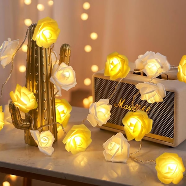 Rosor Fairy Lights, 20 LED Rosor Inomhus Fairy Lights, Batteridriven, Alla Hjärtans Dag/Mors Dag Dekoration (Gul och Vit)
