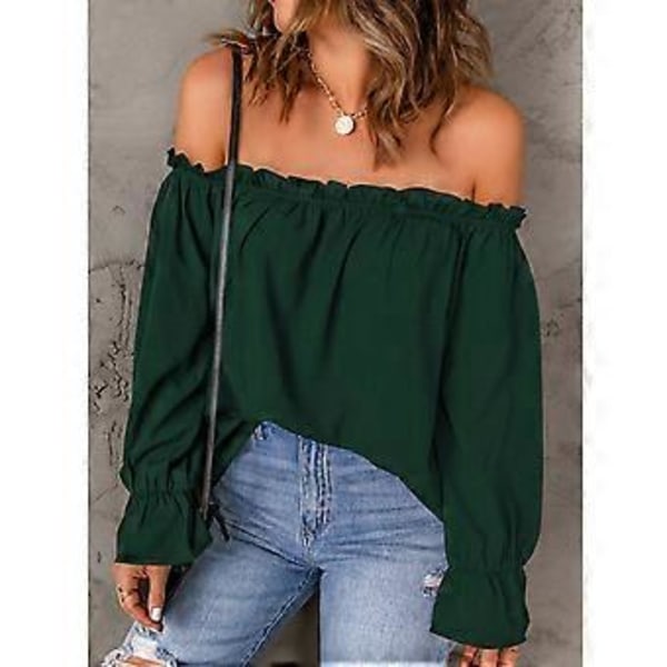 Off Shoulder Chiffon Bluse Ensfarvet Flæsekant Langærmet Off Shoulder T-shirt til Dame Pige Kvinde Dating (M) M