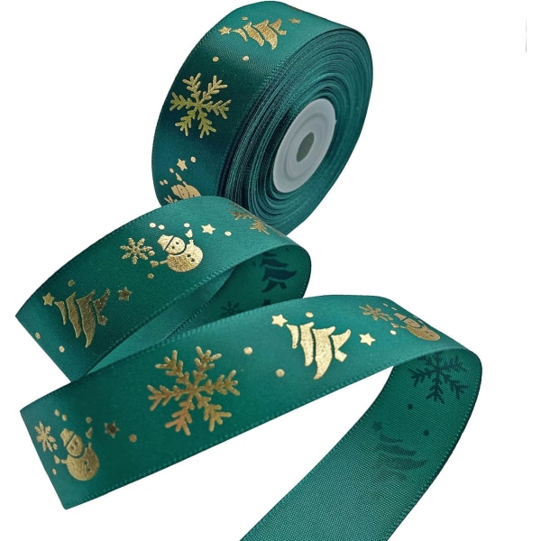 (Green) 22 Yards Satin Christmas Ribbon with Gold Snowflakes in C