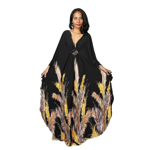 Kvinnors tryckta maxiklänning fladdermusärm strandklänning plus size solklänning strandkläder kaftan cover-ups Dn0532