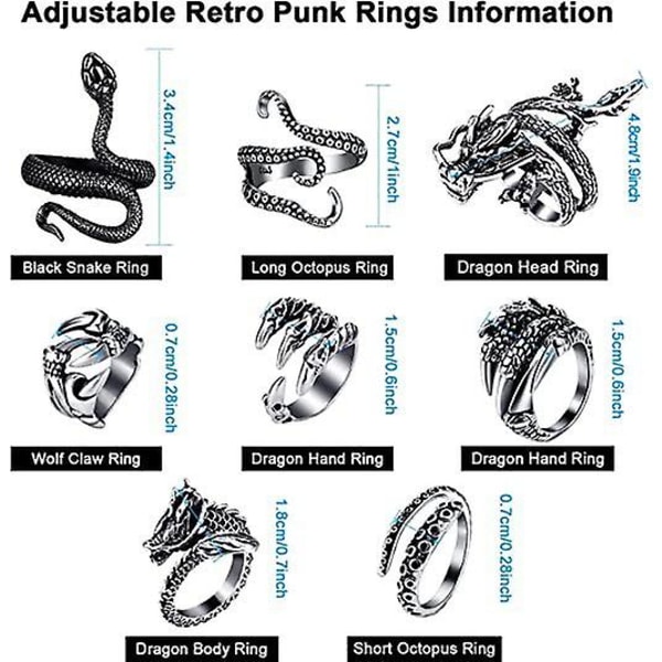 Vintage Punk Set Miehille Naisille Snake Open Frog Ring Rystysten pinoamisrenkaat Säädettävä Punk Sormus Set, 8/24 kpl (8 kpl)