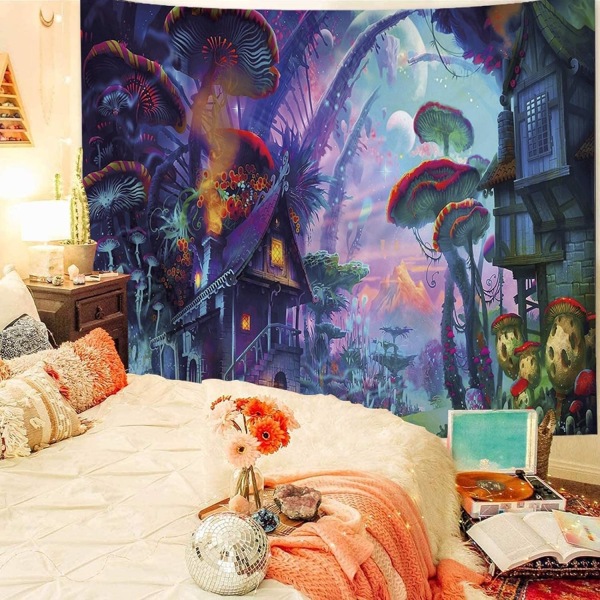 (150x200cm) Trippy Skogveggteppe Henge Mushroom Village
