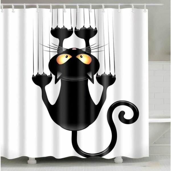 Gör-det-själv duschdraperi, roligt kattmönster, med krokar (Black Cat, 150