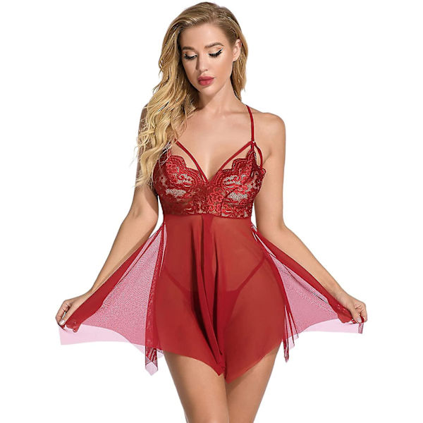 Kvinnors sexiga spets babydoll underkläder sexig V-ringad exotisk nattlinne bröllopsklänning mesh smekmånad nattlinne outfits (röd,s)