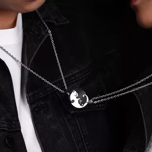 Parhänge för pojkvän och flickvän i rostfritt stål, matchande relation, enkelt sött katthjärta Yin Yang-halsband