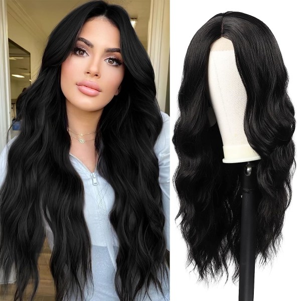 Ladies Long Black Wavy Wig 24 Inch Curly Synthetic Wig Natural M