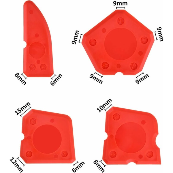 Silikonfogningsverktygssats rlife, silikonfogningsmedel för fogspackel, tätningsfinisher, 4-delat set (rött)