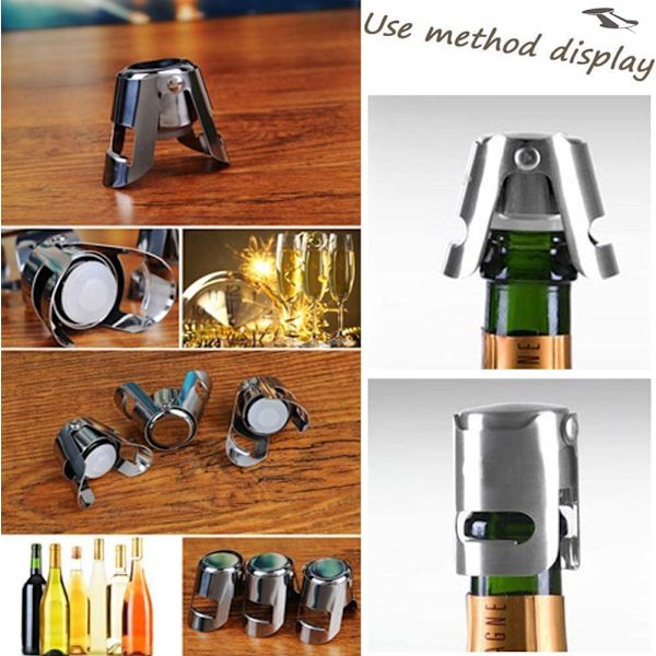 Musserende vin flaskepropp Premium mørk rustfritt stål champagnepropp skaper et vakuum for å forsegle Prosecco- eller vinflaskene dine 3 poser (sølv)