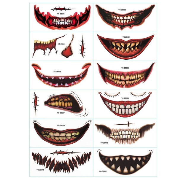 12 Halloween Zombie Makeup Kit Tilbehør Tatoveringer,halloween Vampyr Klovn Horror Big Mouth Wound Smil