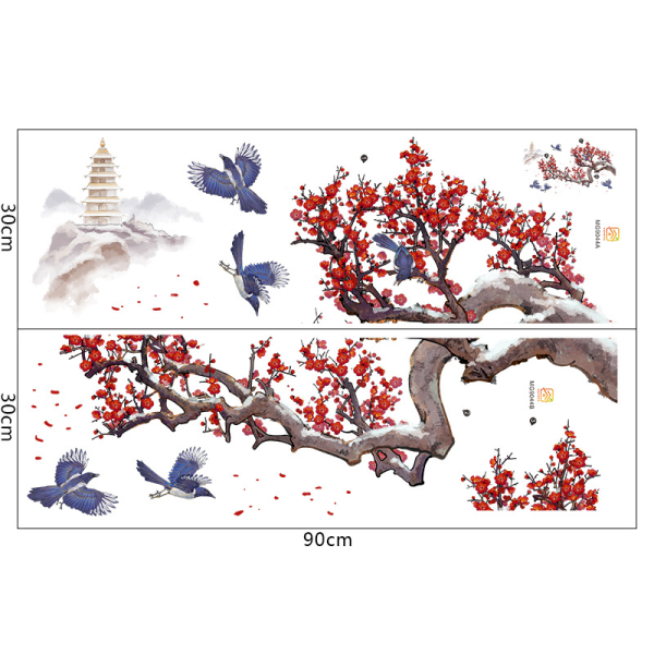 Removable Red Plum Blossom Black Tree Branches And Flying Birds 3