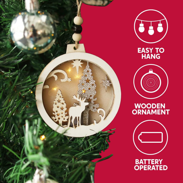 4 st LED-julgransprydnader i trä, hängande renprydnader