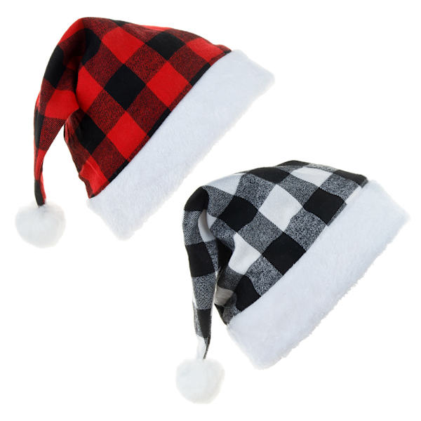 2 Røde, Sorte og Hvide Ternede Plys Plaid Julehatte