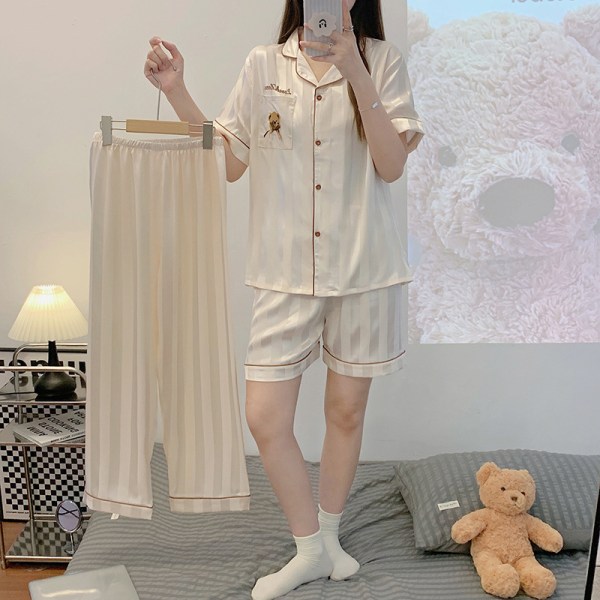 (Storlek L) Soft Ice Silk kortärmad tredelad pyjamas för kvinnor