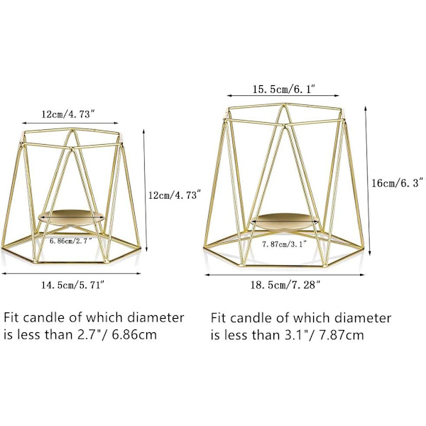 2 stk gullmetall søylelysestaker, geometriske lysestaker