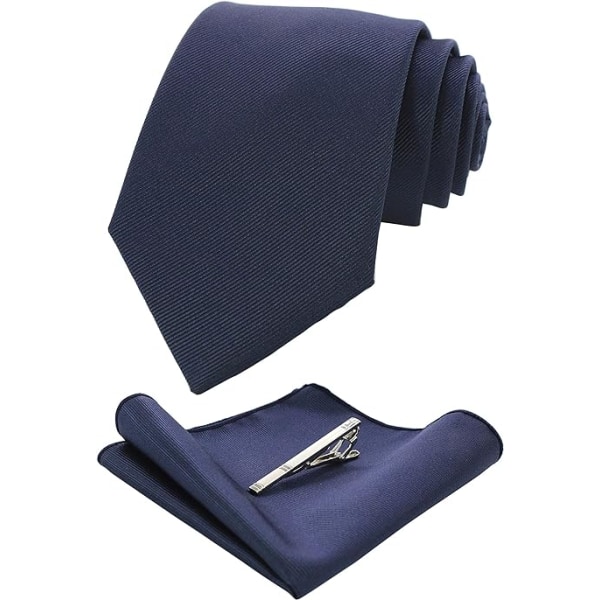 Blå herrslips och slipsklämma i siden twill, fyrkantig ficka 4-delad set
