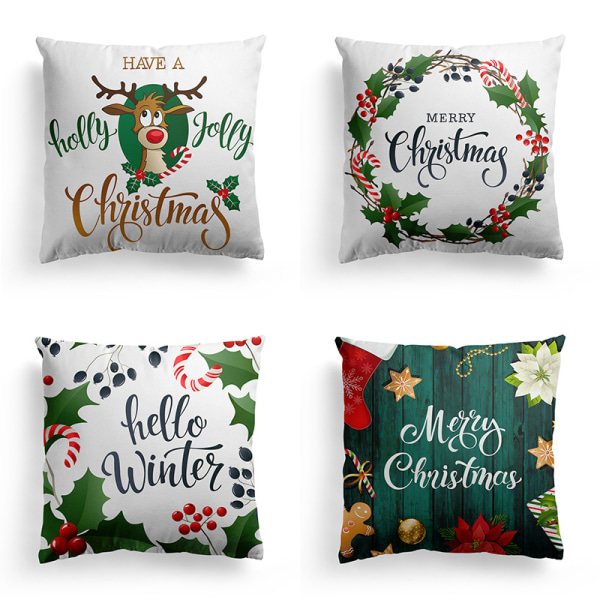 Set of 4 Christmas Cushion Covers, Christmas Cotton Linen Pillow