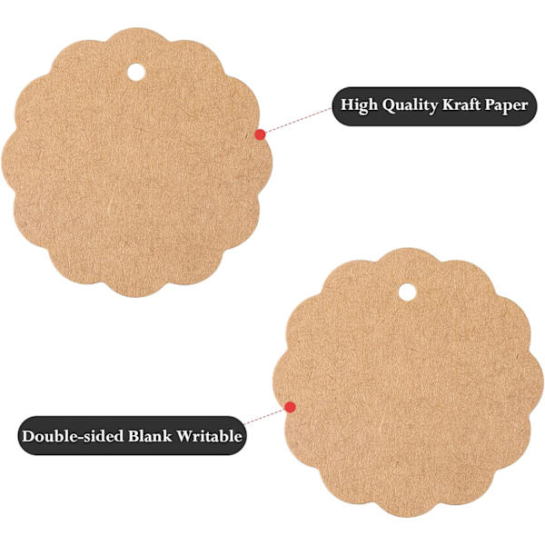 6 cm:n pyöreä kraft-paperilappu, 100 kpl lahjatunnistetta 20 m:n juuttinarulla,