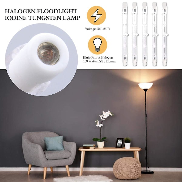R7s Lineær Halogen Flomlys, 5stk 300w 118mm Energibesparende Tungsten Halogen Pære, 2800k Varm Hvid, 360° Strålevinkel Dæmpbar R7s J118 Sikkerhedslys B