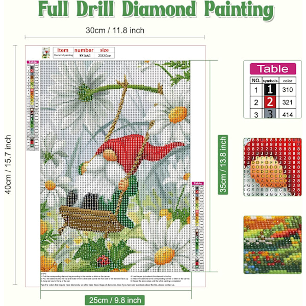 Gnomes Diamantmålningssatser för vuxna - Komplett Daisies Diamantmålningssatser, DIY 5D Diamantmålning Blommor Gnomes Swing Diamantkonstsatser Kristallhantverk för väggdekor 30x40cm