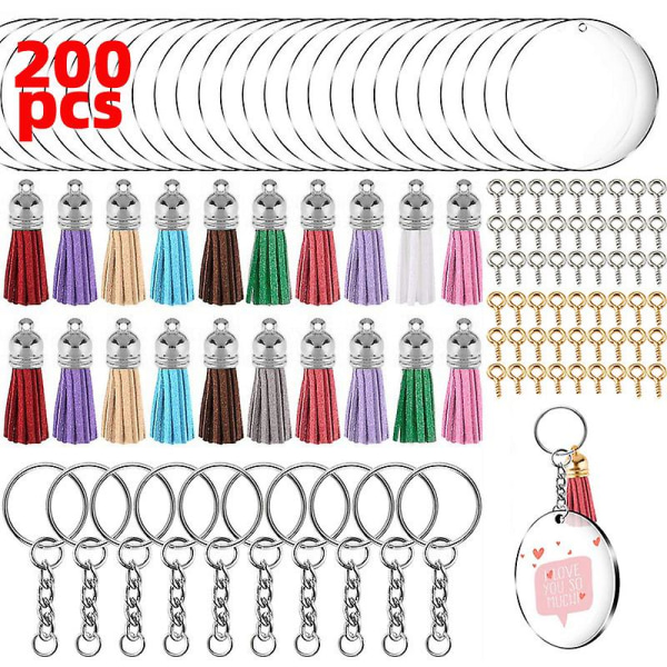 200 stk akryl nøkkelring Makersett Klar akryl nøkkelring tomme og fargede dusketiketter