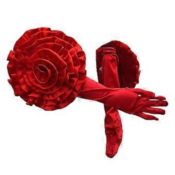 Naisten iltajuhlahansikkaat, pitkät satiinihansikkaat suurella kukalla, lava-asusteet, kyynärpään pituiset tanssihansikkaat, punainen Red