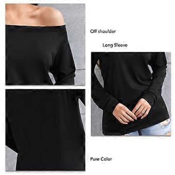 Dame Off Shoulder Top Langærmet Ensfarvet Pullover Elastisk Dame Løs Skjorte Top til Daglig Fest Arbejde (2XL Sort) Black 2XL