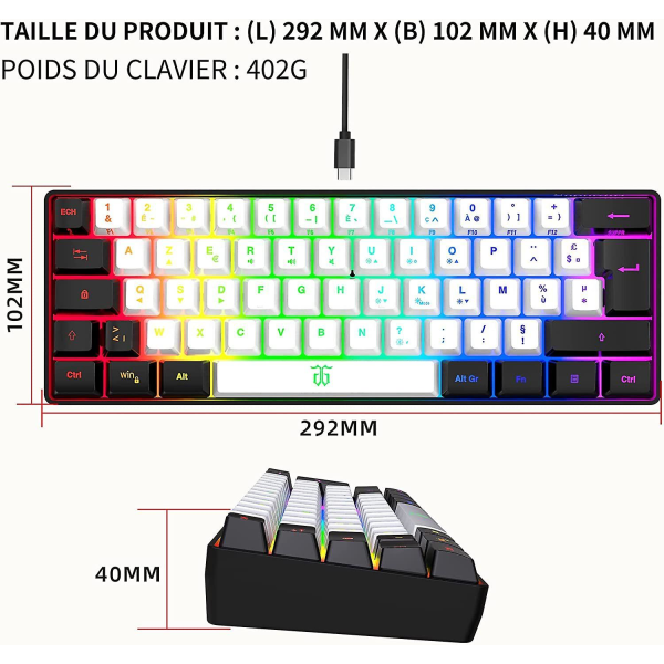 Spel 60 % svart &amp; Vit trådbunden Qwerty Rgb bakgrundsbelyst tangentbord, ultrakompakt 61-tangenters minispeltangentbord för spelare, pc/mac, maskinskrivare, resor