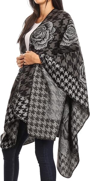 Dames Elegant Blomstermønstret Vendbar Shawl Kappe - Sort, Shawl S