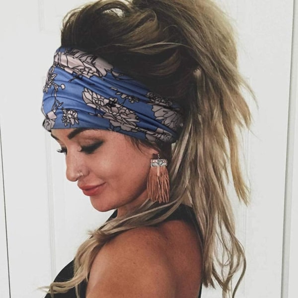 Boho Yoga-pannband Bred Elastisk Pannband Blå Hårband Blommor