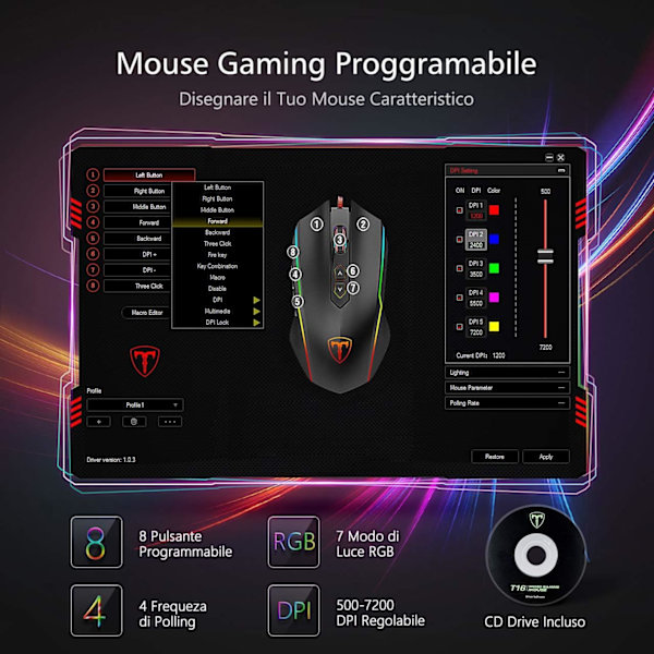 Højtydende kablet gamingmus, gamingmus med 7200 justerbar