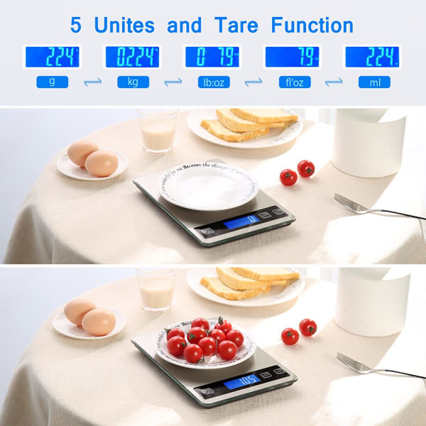 Elektronisk kjøkkenvekt, 1g presisjons digital matvekt i rustfritt stål