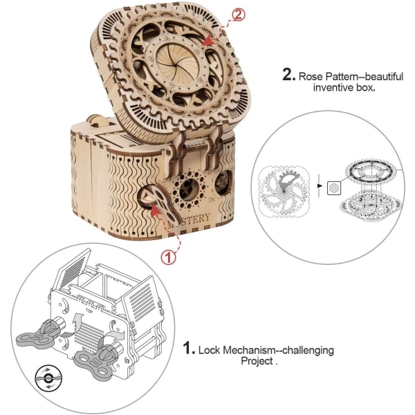 Treflmodellpuslespill 3D skattekiste / eske, mekaniske modellsett i 3D-tre uten lim (skattekiste)