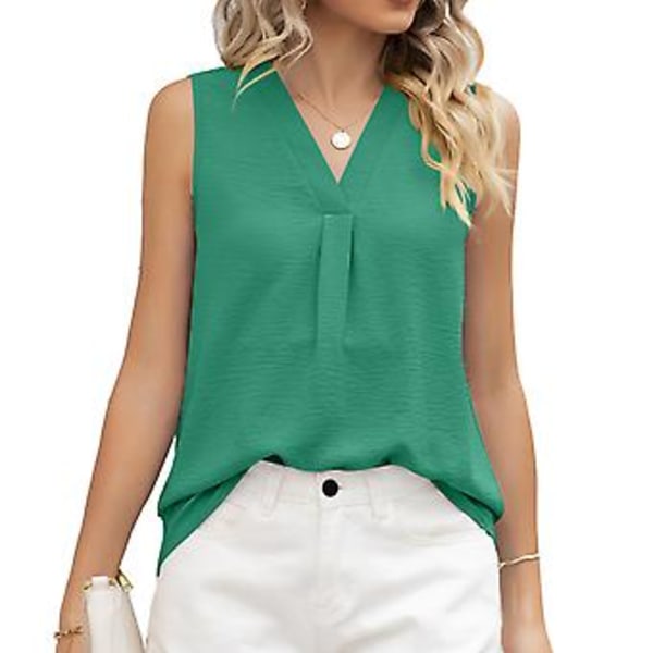 Dame Ærmeløs Top V-hals Ensfarvet Løs Stil Åndbar Moderigtig Sommer Tanktop (SGrøn) Green S