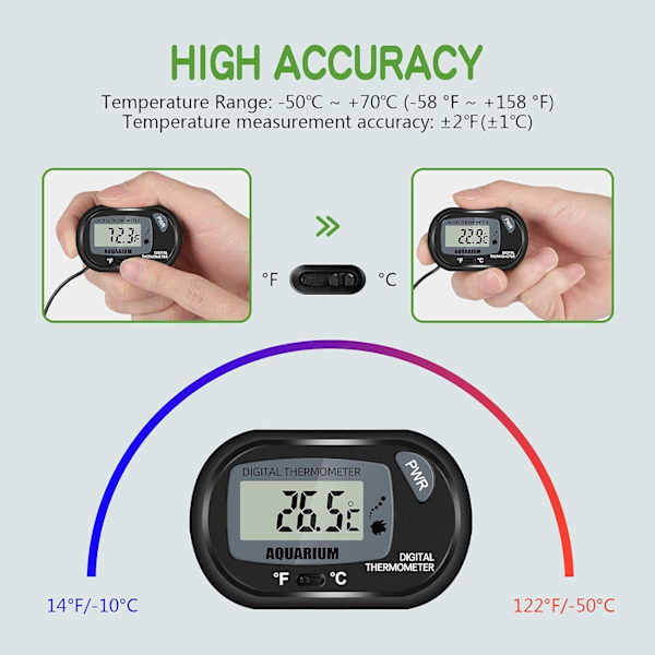 Digital LCD-akvarie termometer med sugekopper og vanntett