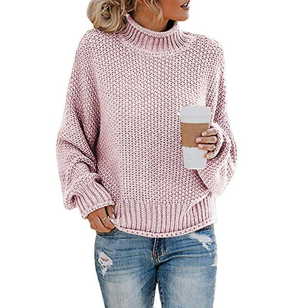 Tröja med turtleneck Chunky Pullover för damer Varma långärmade stickade tröjor (M Pink)