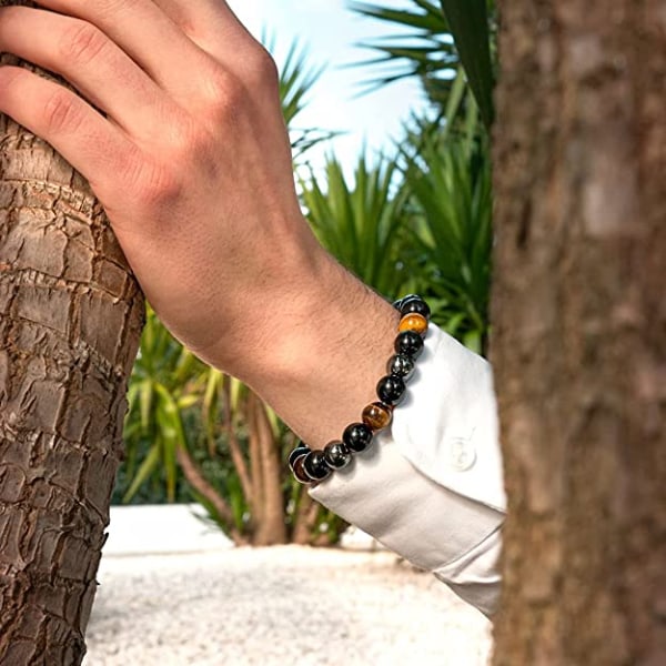 2 stk. ARMBÅND TRIPLE BESKYTTELSE NATURSTEN | Elastisk armbånd | Tigerøje - Sort obsidian - Hæmatit (8mm+10mm)