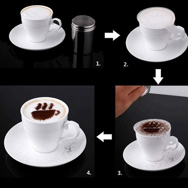 Ruoksiton teräksinen suklaanravistin + 16 cappuccino-kahvin barista-kahvistencilit + mittalusikka + taidekynä