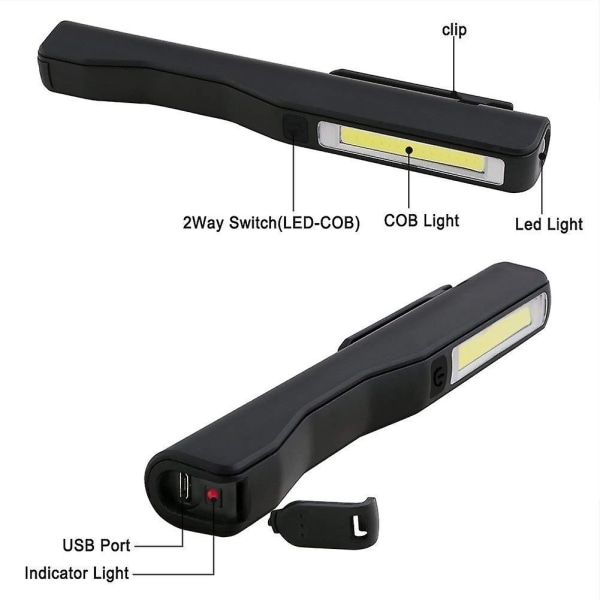 USB-oppladbar arbeidslampe, 2 stk inspeksjonslampe LED-lommelykt, magnetisk klipslomme COB-lommelykt for hjemmet