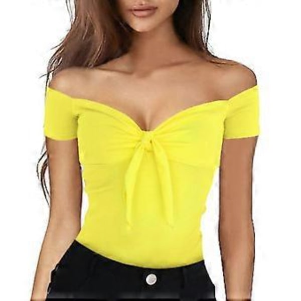 Dam Off Shoulder Topp Kortärmad Knyt Blus T-shirt för Vardag Dejting Shopping Resor (gulXL) yellow XL
