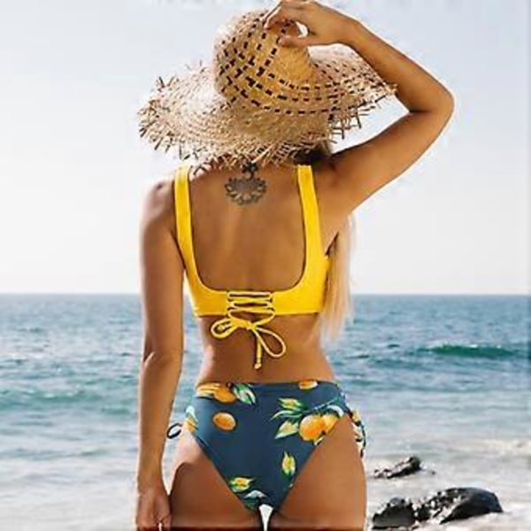 Naisten Bikini-uimapuku, edessä ristikkäinen nauhoitus, kaksiosainen uimapuku Small(S keltainen)