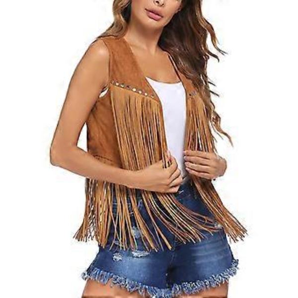 Frynsväst Dam Faux Suedes Cowgirl Kostym Öppen Framsida Tofsar 70-tals Hippie Kläder Sommar Kofta Ytterkläder Streetwear Khaki L L