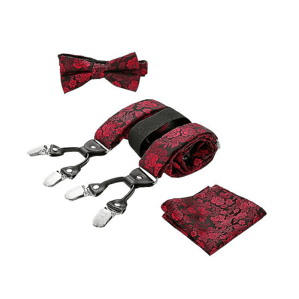 Paisley Suspender, Sløyfe, Lommetørkle Sett For Menn&#39;s Tuxedo Suspenders : Justerbare Selbukser, Sterke Forbedrede Klips（Rød）