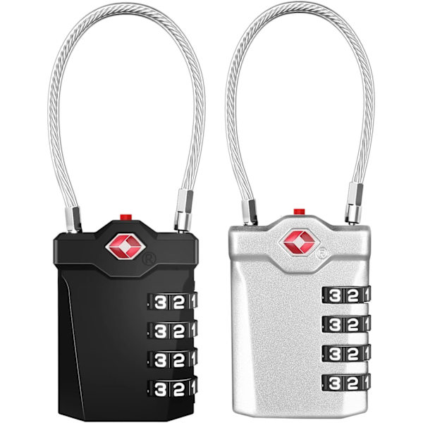 Resväska hänglås, TSA 4-siffrig kombinationslås med öppningslarm, resväsklås med flexibel kabel (2 stycken, svart och silver)