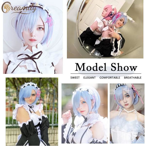 Sininen lyhyt bob Rem cosplay-peruukki synteettinen anime-hiukset juhlaperuukki Zer