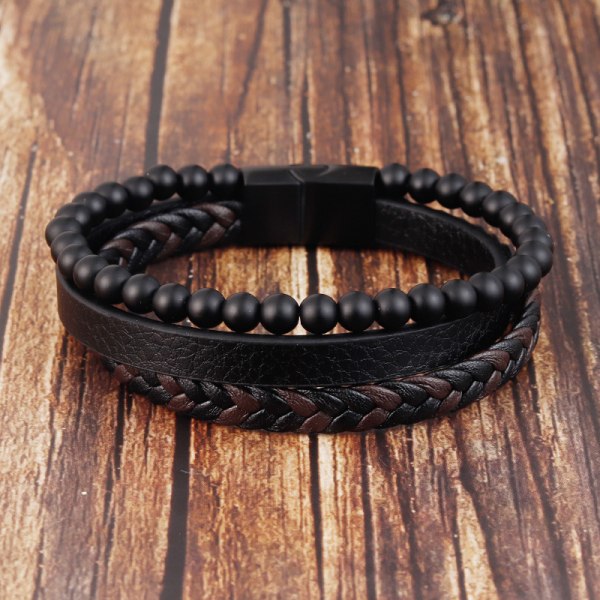 Natursten Vulkansten Läderarmband Rostfritt Stål Flätad Läder Multilager Armband Herr Titanstål Smycken