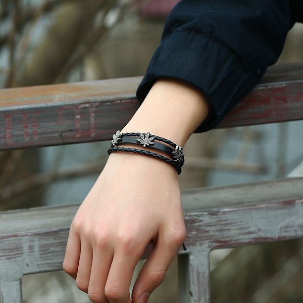 Europæiske og amerikanske vævede smykker, enkelt perlebesat ahornblad herre læderarmbånd, trendy tilbehør