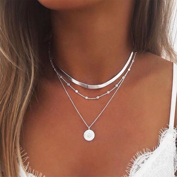 Bohemian Multilayered Disc Pendant Necklace Metal Beads Choker Necklace Snake Link Chain Collar Necklace Jewelry For Women Silver